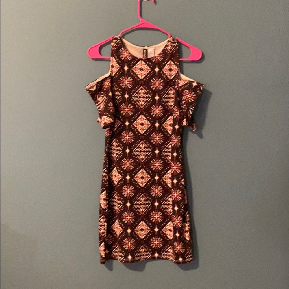 Red, cream and black cold-shoulder dress
